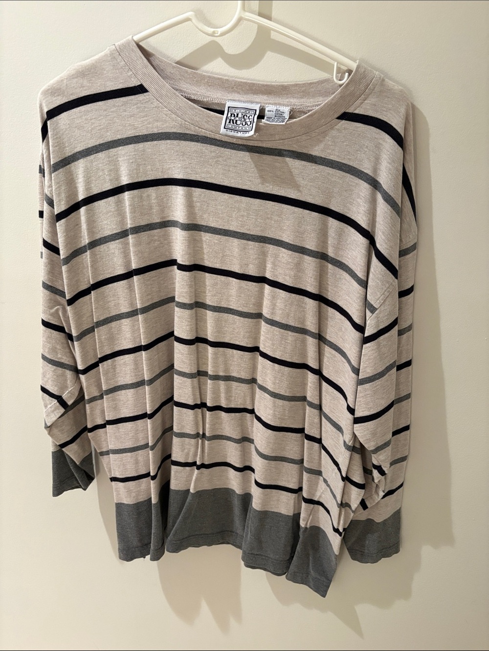 NIC+ZOE Cream Striped Dolman Sleeve Top with Gray Trim